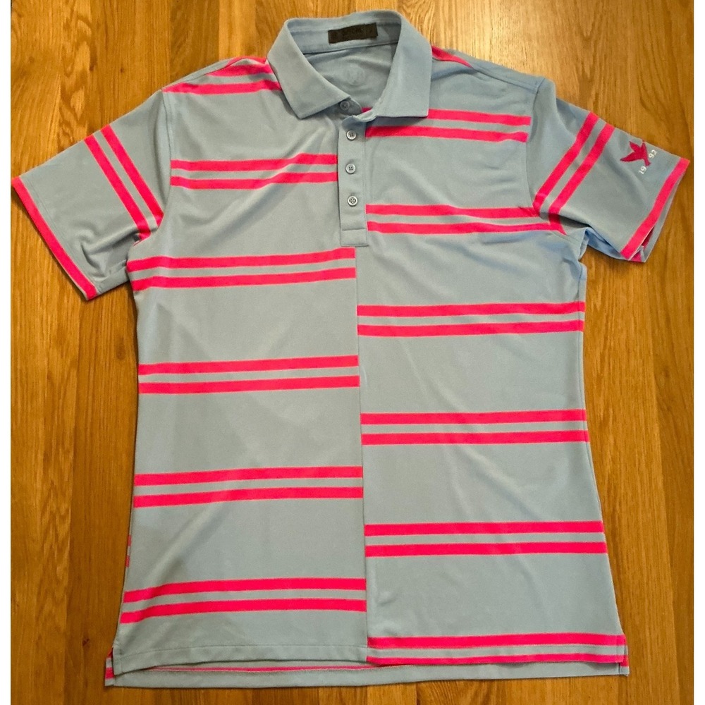 G/FORE Polo Shirt Men's Medium Gray Neon Coral Stripe Golf 1992 Logo